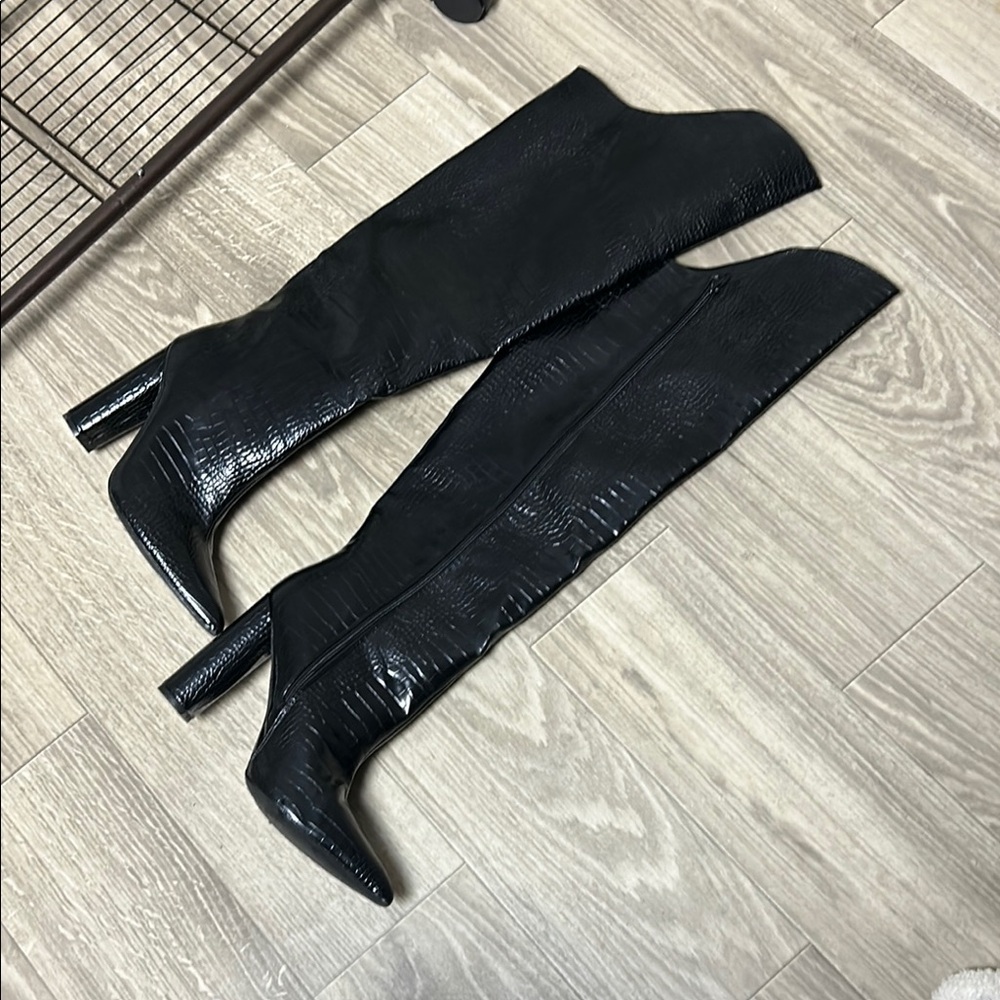 Black Croc-Embossed Knee-High Boots